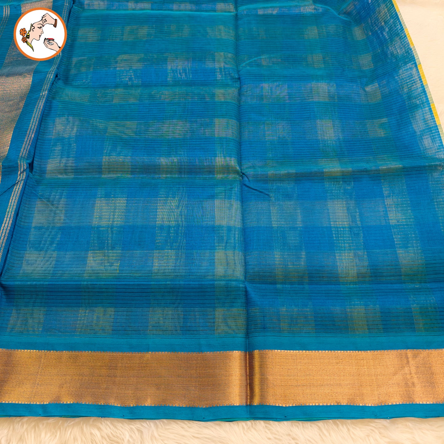 Green & Blue Paalum Pazhamum checks Pure Silk Cotton Saree with beautiful Kalamkari print