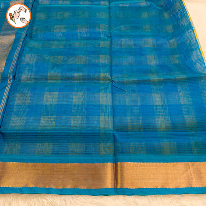 Green & Blue Paalum Pazhamum checks Pure Silk Cotton Saree with beautiful Kalamkari print