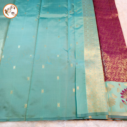 Purple with Mint Green Lotus border Fancy Semi Silk Saree