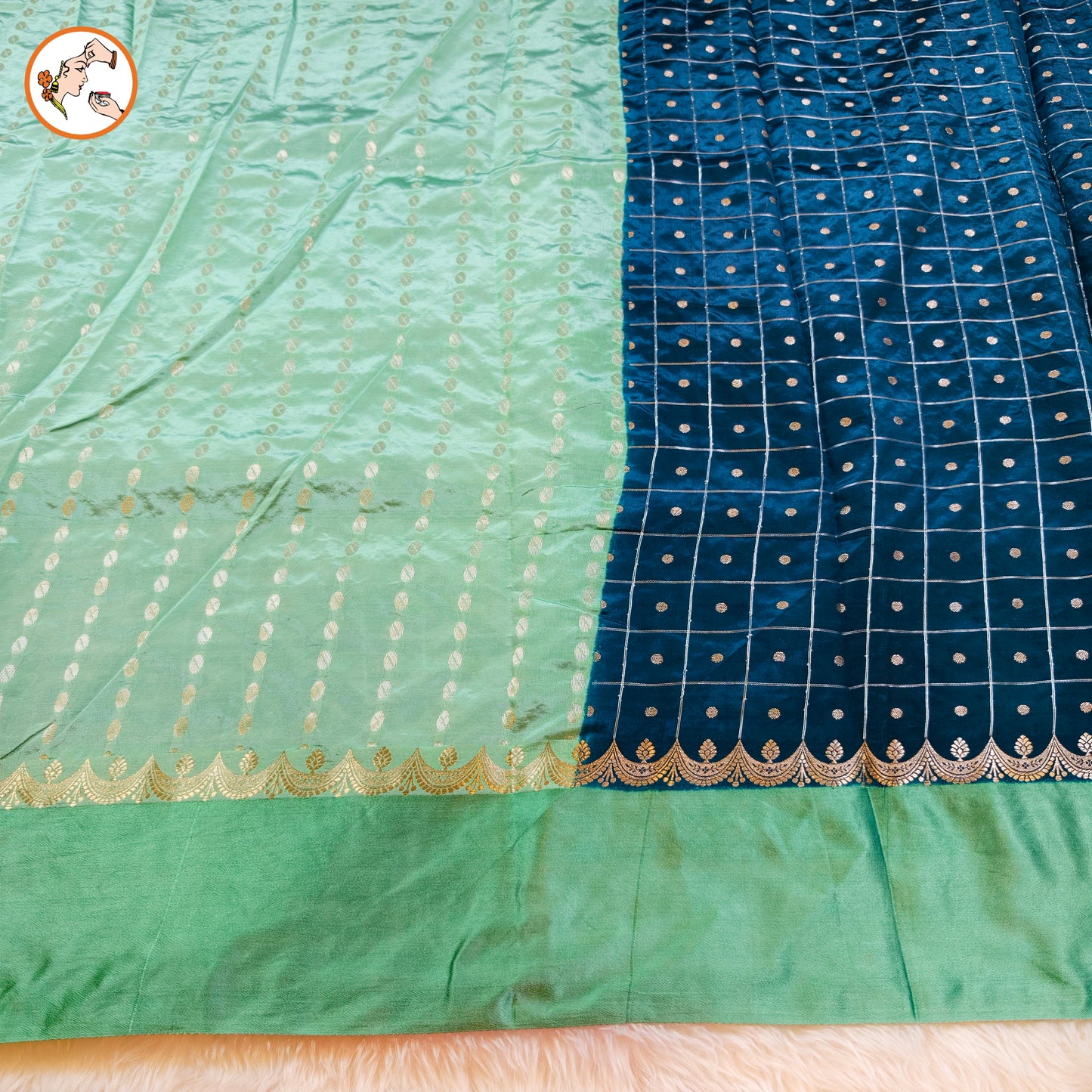 Teal Blue Traditional checks Fancy Soft Silk Saree with Pastel Green Satin border