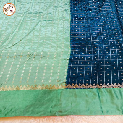 Teal Blue Traditional checks Fancy Soft Silk Saree with Pastel Green Satin border