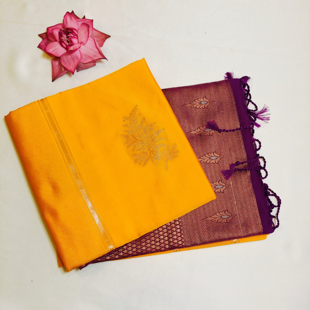 Border less Soft Silk Saree in Mango Yellow with Purple Combination