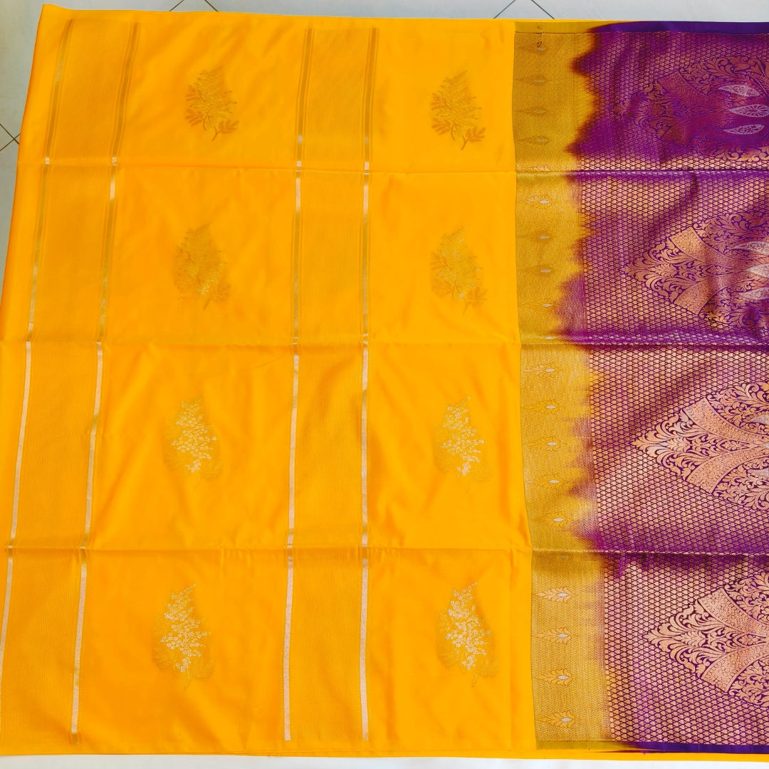 Border less Soft Silk Saree in Mango Yellow with Purple Combination