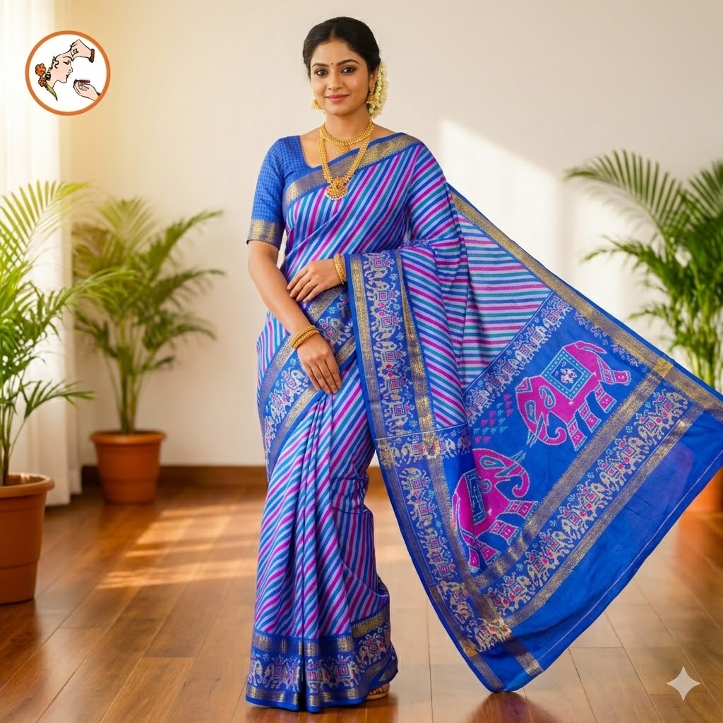 Blue stripes Pochampally Silk Cotton Casual Saree