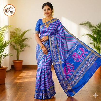 Blue stripes Pochampally Silk Cotton Casual Saree