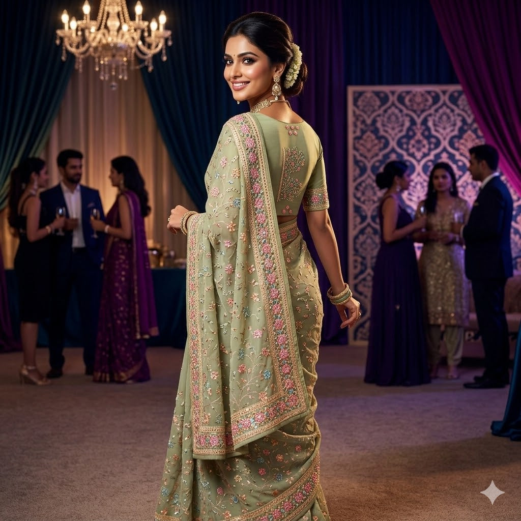 Pastel Green Multicolour Embroidery Mirrorwork Partywear Georgette Saree