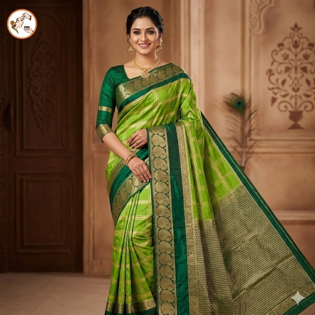 Parrot Green & Dark Green Royal Mango border Mysore Silk Saree