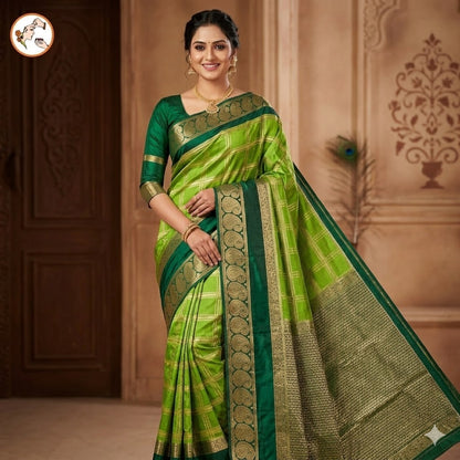 Parrot Green & Dark Green Royal Mango border Mysore Silk Saree