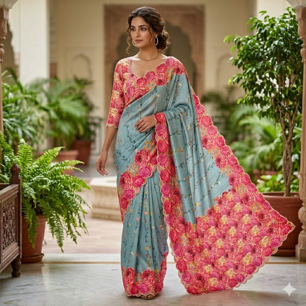 Sky Blue colour Floral Theme Raw Silk Designer Saree with cutwork border