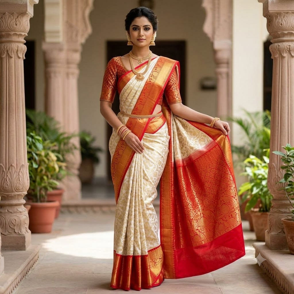 Off white with Red border Golden zari work Traditional Kanchipuram Mix Silk Saree