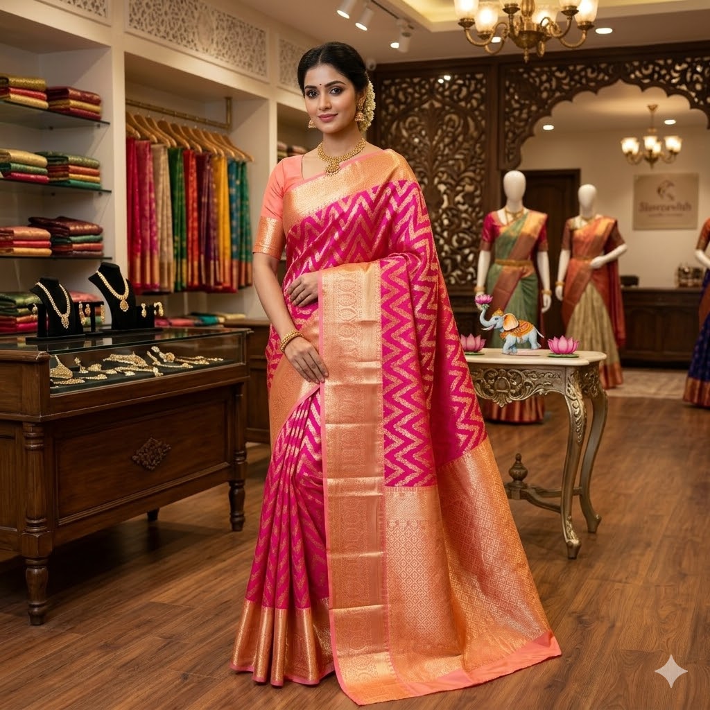 Magenta Pink with Baby Pink border Bridal Kanchipuram Mix Silk Saree
