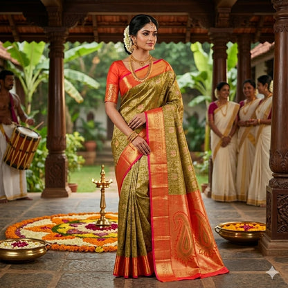 Mehendi Green with Red border High Tissue Kanchipuram Semi Silk Saree