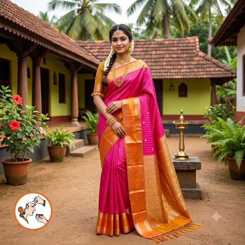 Rani Pink with Orange Raindrop design Retta Petta border Semi Soft Silk Saree