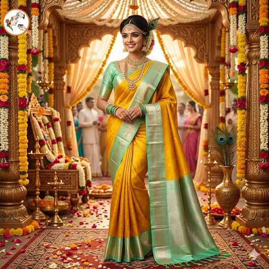 Yellow with Sea Green border Vairoosi stripes Kanchipuram Semi Silk Saree