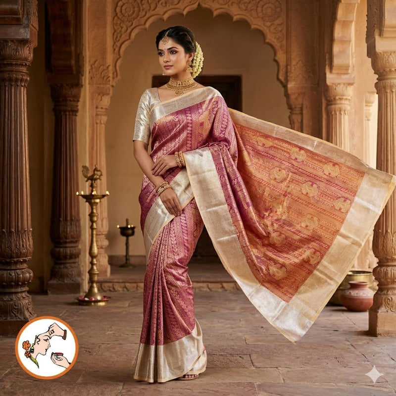 Purple with Off white border Kanchipuram High Tissue Silk Saree