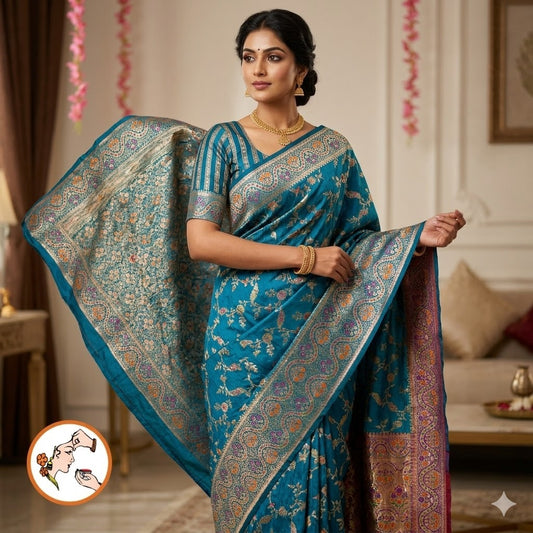 Peacock Blue Meenakari weaving Banarasi Crush Saree