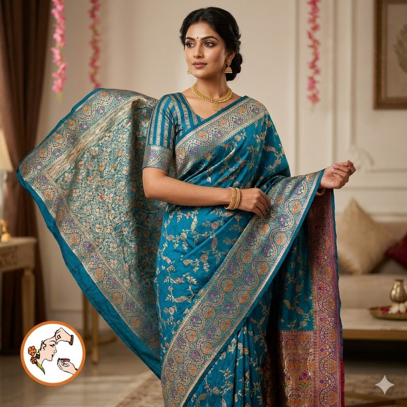 Peacock Blue Meenakari weaving Banarasi Crush Saree