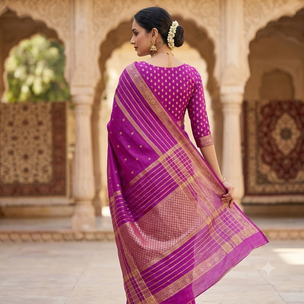 Purple Traditional Vairoosi Soft Viscose Fancy Silk Saree with Gold zari stripes