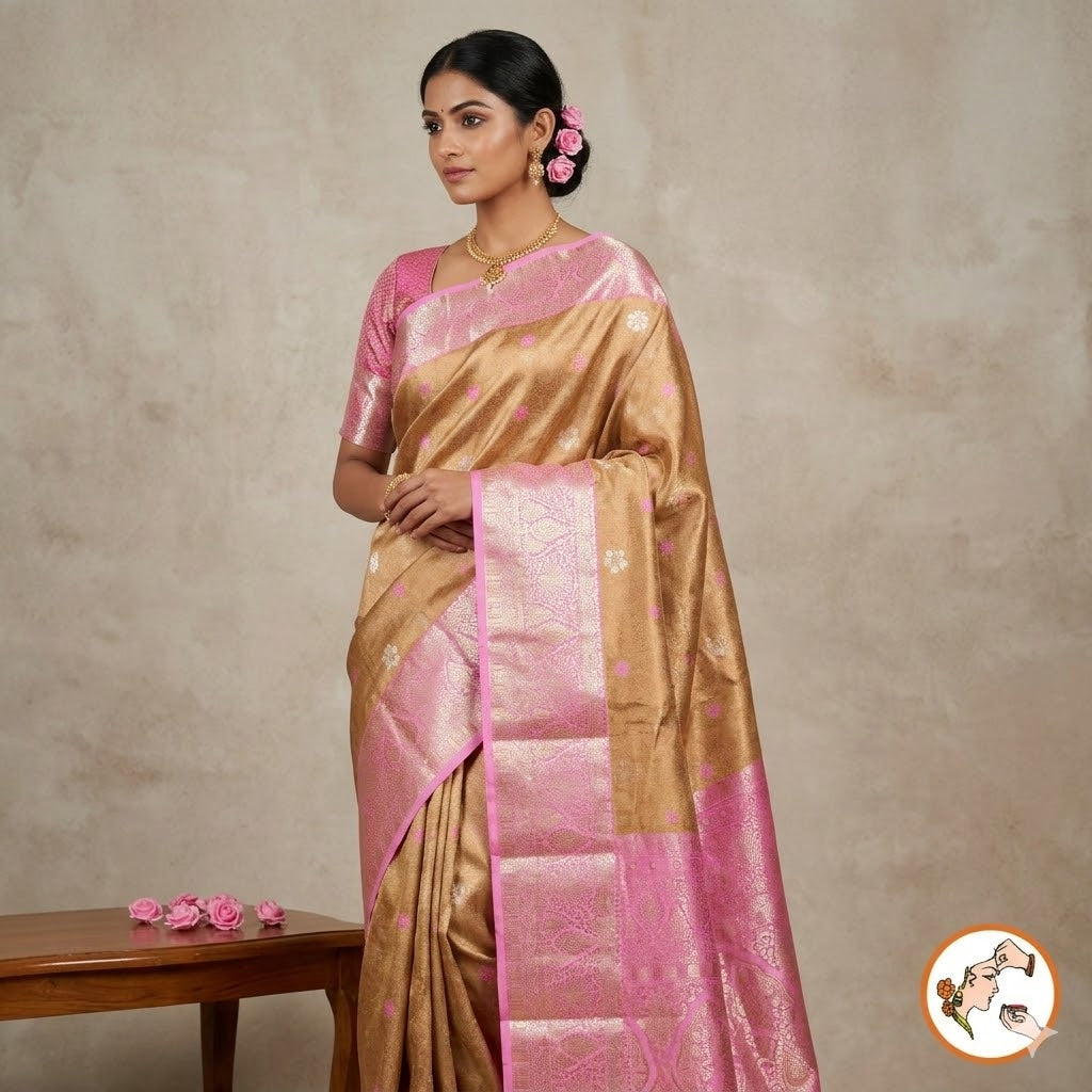 Golden Tissue Kanchipuram Silk Saree with contrast Pink border