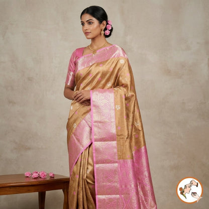 Golden Tissue Kanchipuram Silk Saree with contrast Pink border