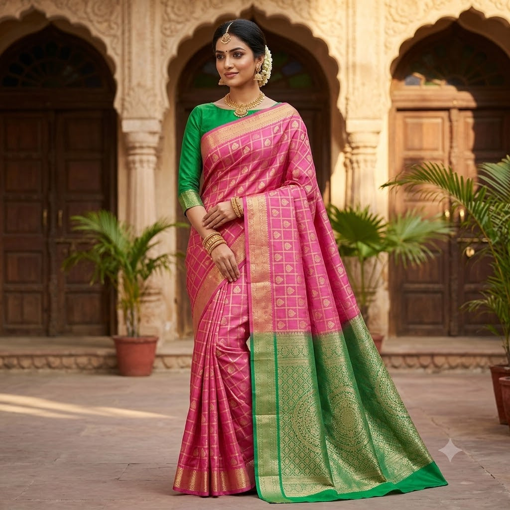 Dusty Rose Mauve/Onion Pink with contrast Peacock Green with vertical silver zari stripes Kanchipuram MIx Silk Saree