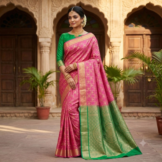 Dusty Rose Mauve/Onion Pink with contrast Peacock Green with vertical silver zari stripes Kanchipuram MIx Silk Saree