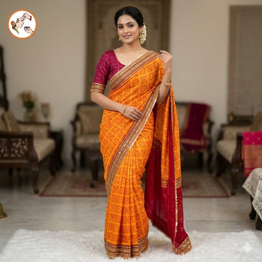 Mango Yellow Bandhani Georgette Partywear Saree with lace border