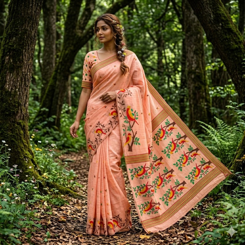 Peach sparrow theme Cotton Casual Saree