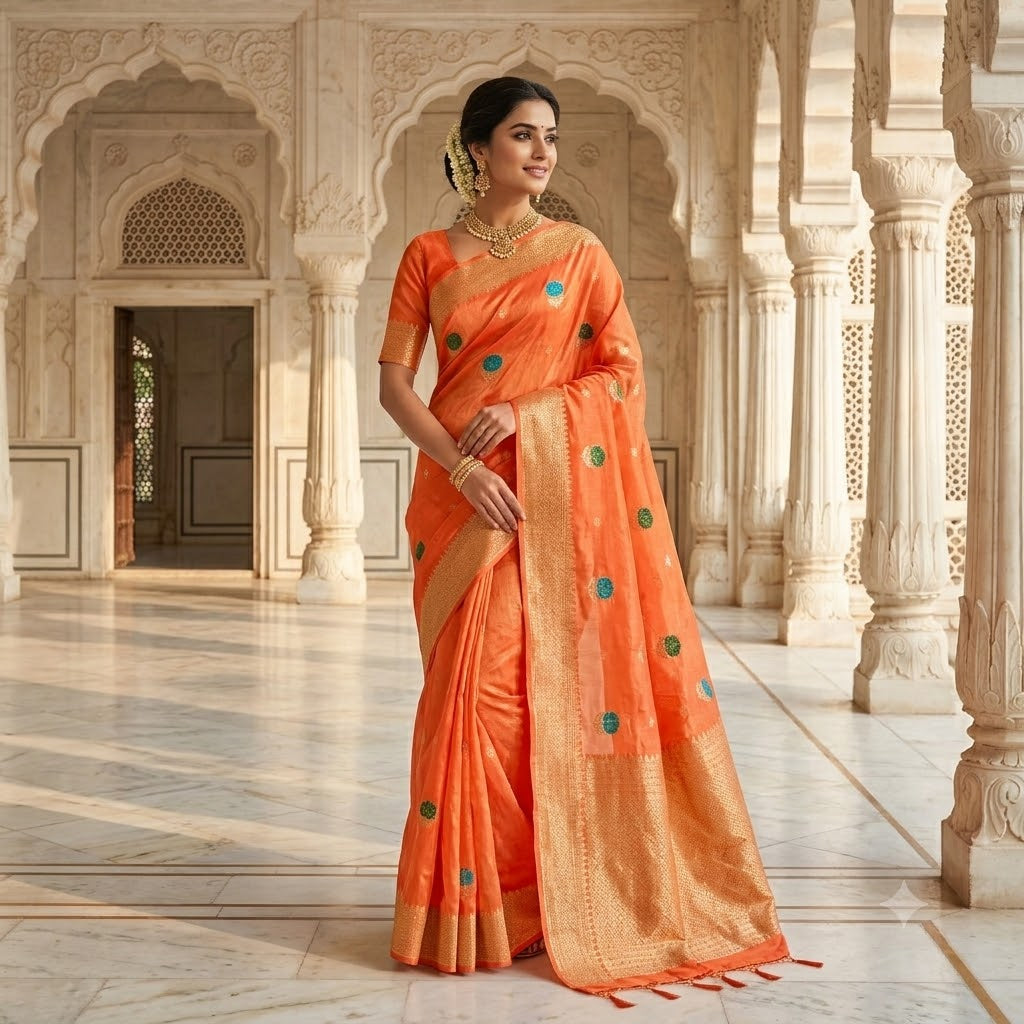 Kanakambaram Peach with delicate Floral buti subtly embrioded Banarasi katan Russian Silk Saree