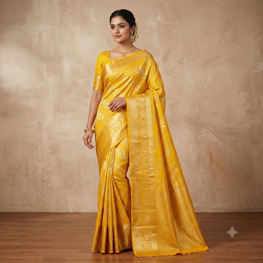 Golden Yellow Podi Kattam Parrot butta Kanchipuram Mix Silk Saree