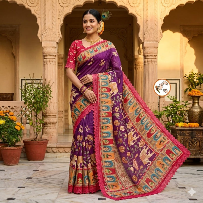 Purple Rajput painting motif Georgette Saree with lace border