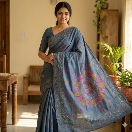 Grey colour Kantha Embroidary Tussar Silk Saree