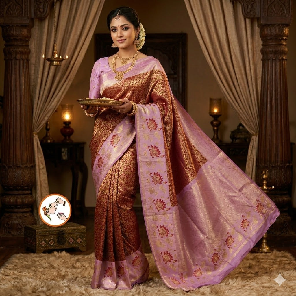 Maroon with Pink Lotus border Fancy Semi Silk Saree