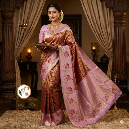 Maroon with Pink Lotus border Fancy Semi Silk Saree