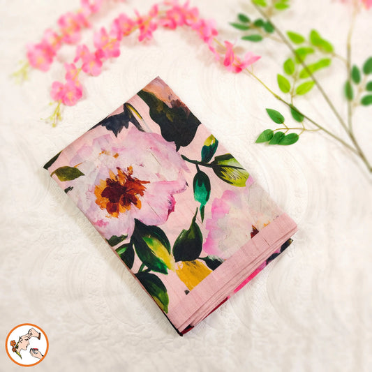 Soft baby pink brush paint floral tussar saree
