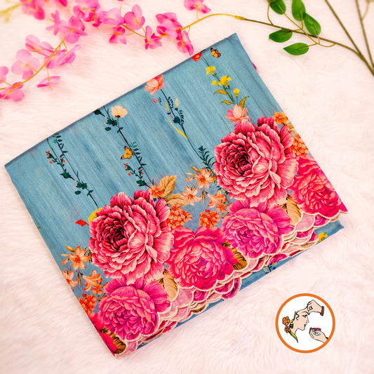 Sky Blue colour Floral Theme Raw Silk Designer Saree with cutwork border