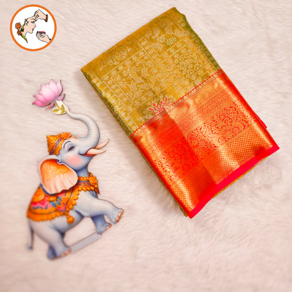 Mehendi Green with Red border High Tissue Kanchipuram Semi Silk Saree