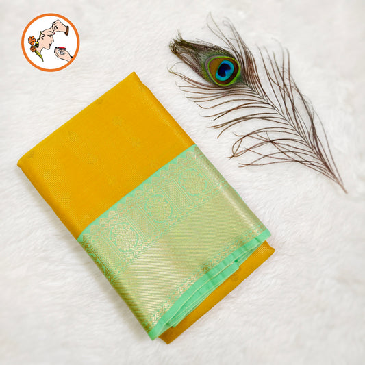 Yellow with Sea Green border Vairoosi stripes Kanchipuram Semi Silk Saree