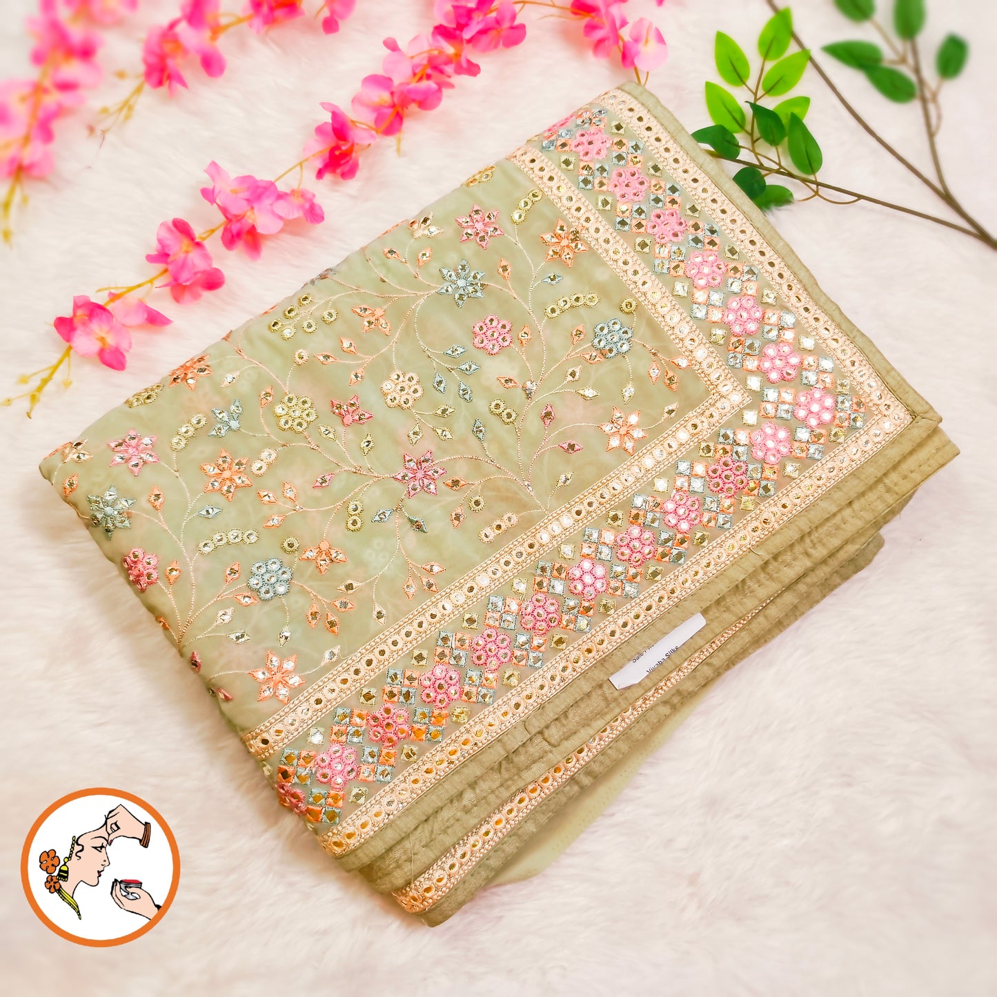 Pastel Green Multicolour Embroidery Mirrorwork Partywear Georgette Saree