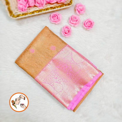 Golden Tissue Kanchipuram Silk Saree with contrast Pink border