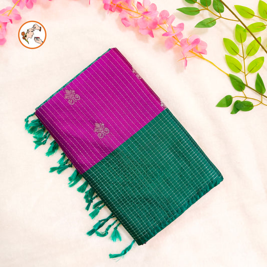 Purple with Green Vairoosi border Soft Silk Saree