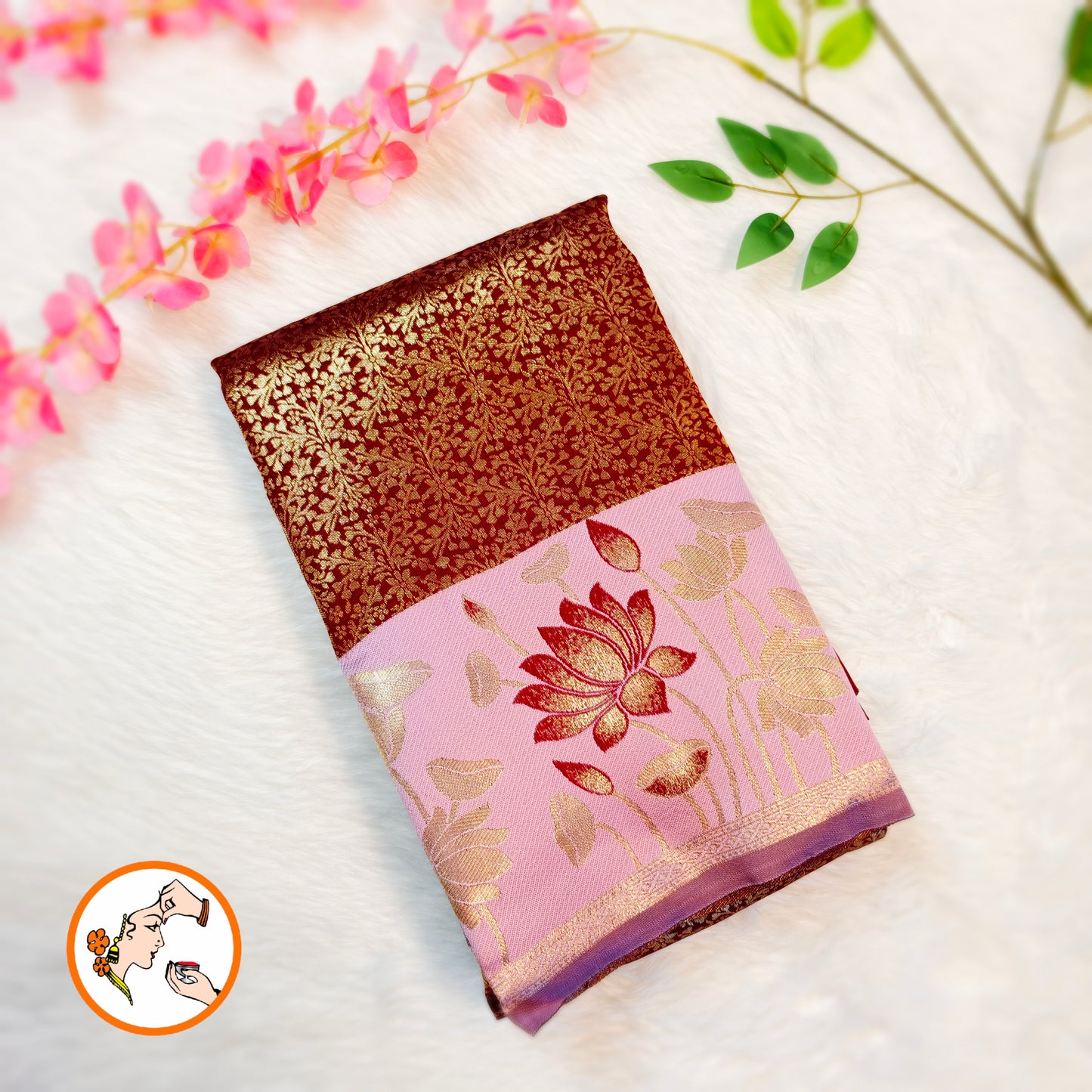Maroon with Pink Lotus border Fancy Semi Silk Saree
