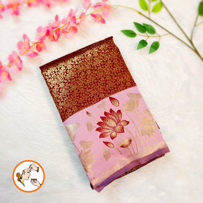 Maroon with Pink Lotus border Fancy Semi Silk Saree