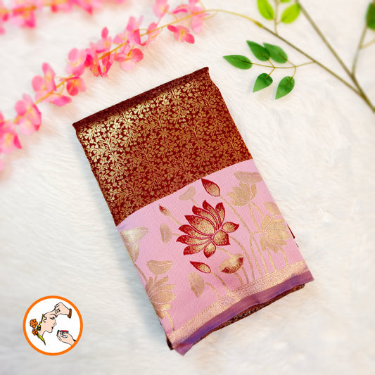 Maroon with Pink Lotus border Fancy Semi Silk Saree