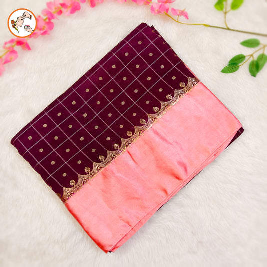 Maroon Traditional checks Fancy Silk Saree with Peachy Pink Satin border