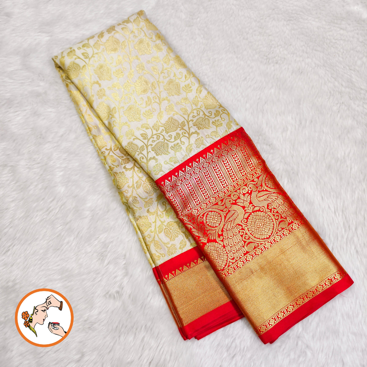 Off white with Red border Golden zari work Traditional Kanchipuram Mix Silk Saree