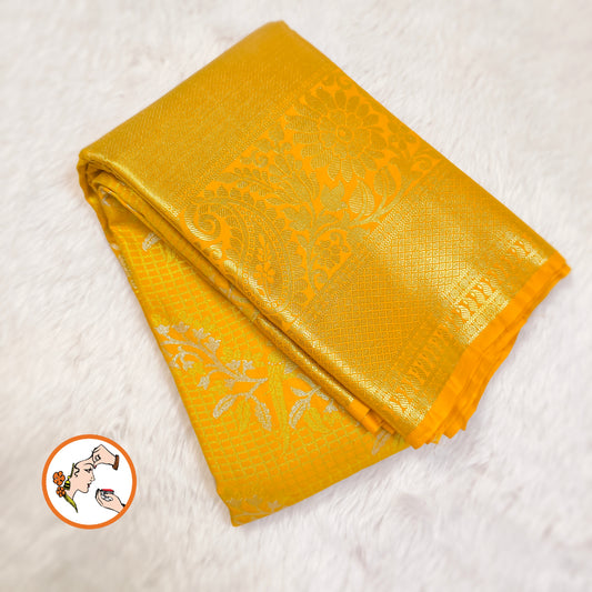 Golden Yellow Podi Kattam Parrot butta Kanchipuram Mix Silk Saree