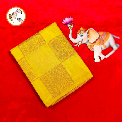Lime Green checkered Elephant & peacock butta Borderless Tussar Silk Saree