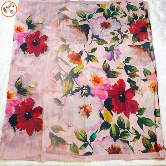 Hand painted floral design on baby pink tussar saree