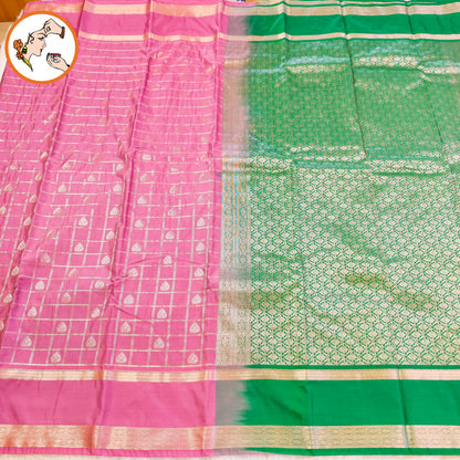 Dusty Rose Mauve/Onion Pink with contrast Peacock Green with vertical silver zari stripes Kanchipuram MIx Silk Saree